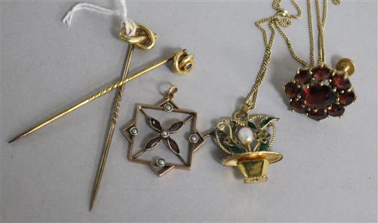 Two 15ct gold stick pins and three other items.